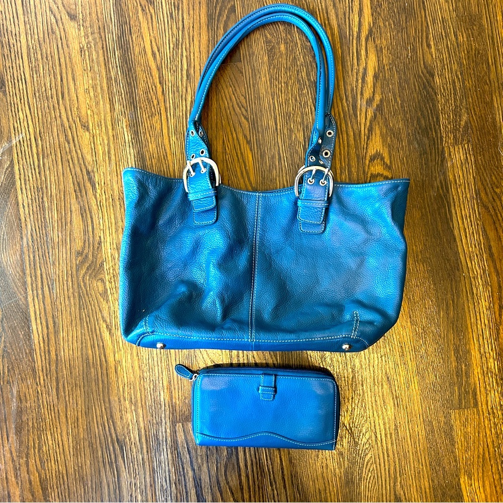 Tignanello Women's Blue Leather Purse + Billfold